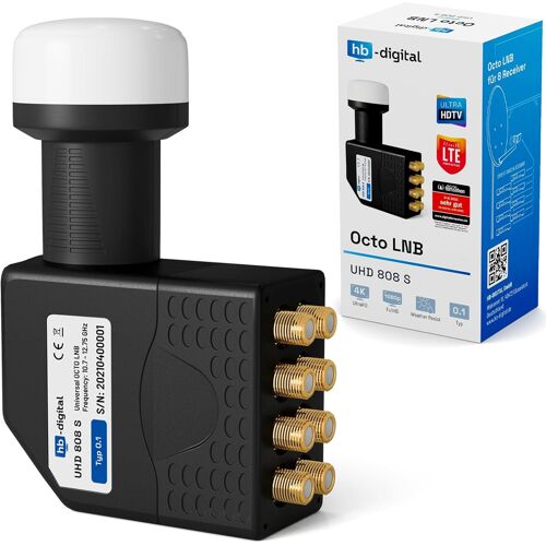 Universal Octo LNB Noir-UHD 4K Full HD DVB-S/S2-Facteur de bruit de 0,1 dB-pour huit récepteurs satellite (connexion directe)-Contacts dorés-Protection contre les intempéries