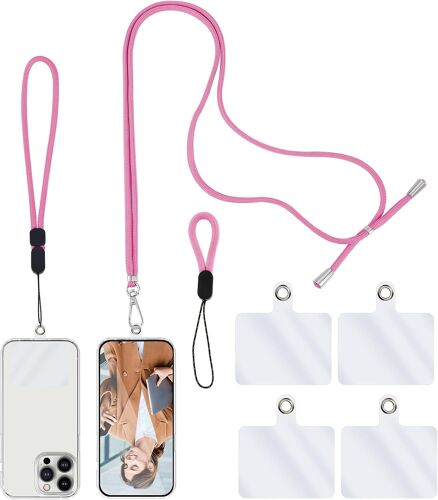 KAL-Chaîne Pour Téléphone Portable Universel, 1 Longue Lanière+1 Dragonne Pour Poignet+1 Dragonne Pour Doigt+4 Entretoises Transparentes Lanière Pour Téléphone Portable Porter Réglable (Rose)