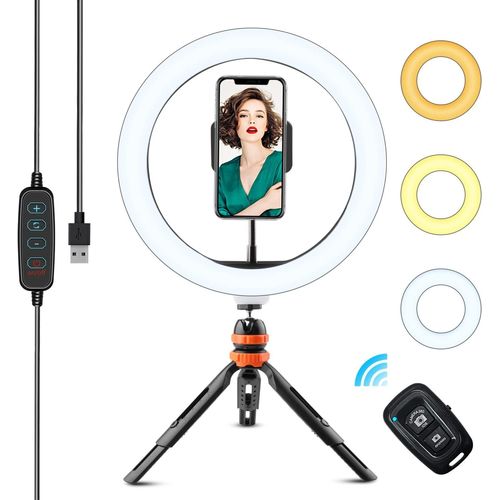 LED Lumière Anneau avec Trépied, 10"" Ring Light avec Télécommande Wireless pour TikTok/Youtube/Diffusion en Direct/Maquillage Lampe Annulaire Réglable avec 3 Couleur Modes et 11 Luminosité