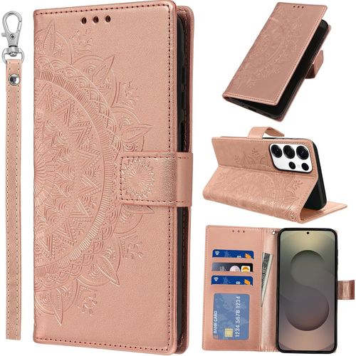Kal-Coque Pour Samsung Galaxy S25 Ultra 5g Avec Dragonne Portable, Téléphone Etui Protection, Pochette Portefeuille Portecartes Support Rabat Cuir Pu Magnétique Étui Avec Tpu Phone Housse, Or Rose