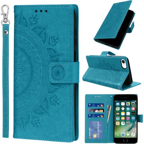 Coque Portefeuille Iphone 7/8/Se 2020/2022 - Cuir Pu Bleu, Coque Tpu Anti-Choc, 3 Fentes Cartes + Clip Billet, Dragonne Poignet, Fermeture Magnétique Et Support