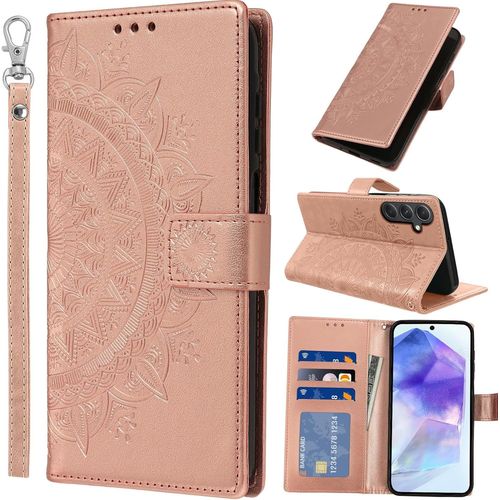 Kal-Coque Pour Samsung Galaxy A55 5g Avec Dragonne Portable, Téléphone Etui Protection, Pochette Portefeuille Porte-Cartes Support Rabat Cuir Pu Magnétique Étui Avec Tpu Phone Housse, Or Rose