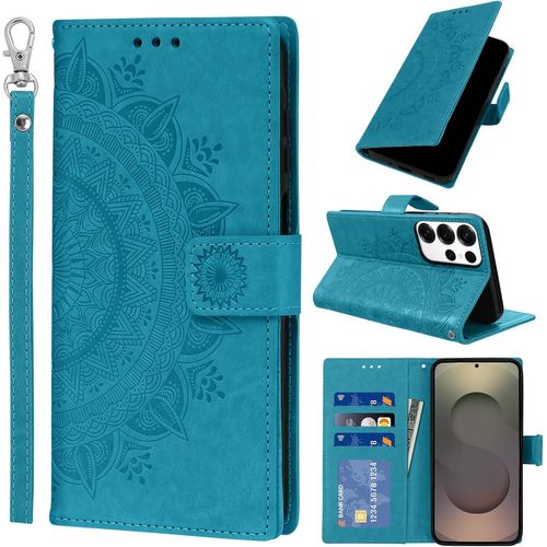 Mdy-Coque Pour Samsung Galaxy S25 Ultra 5g Avec Dragonne Portable, Téléphone Etui Protection, Pochette Portefeuille Porte-Cartes Support Rabat Cuir Pu Magnétique Étui Avec Tpu Phone Housse, Bleu