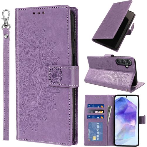 Mdy-Coque Pour Samsung Galaxy A55 5g Avec Dragonne Portable, Téléphone Etui Protection, Pochette Portefeuille Porte-Cartes Support Rabat Cuir Pu Magnétique Étui Avec Tpu Phone Housse, Violet