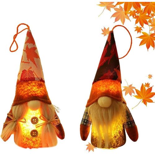 Lot De 2 Figurines De Lutin Décoratif D'automne Avec Lumière Led, Récolte D'automne Et Lutin Lumineux En Peluche, Décoration De Thanksgiving, Cadeaux Accessoires De Noël