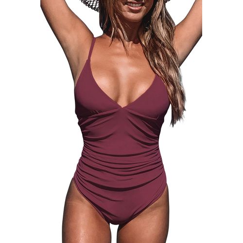 Maillot De Bain Une Pièce Pour Femme, Décolleté En V Profond, Bretelles Spaghetti Réglables, Froncé Sur Le Devant Et Dos Nu (Bordeaux, Taille M)