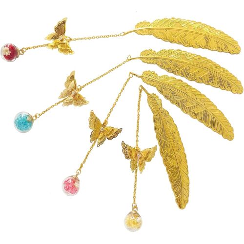 KALANKA-4 Pièces Pendentif Plume en Métal Signet, Signet Plume Papillon, Pendentif Fleur Sèche éternelle en Perles de Verre, pour Marque de Lecture, Cadeau