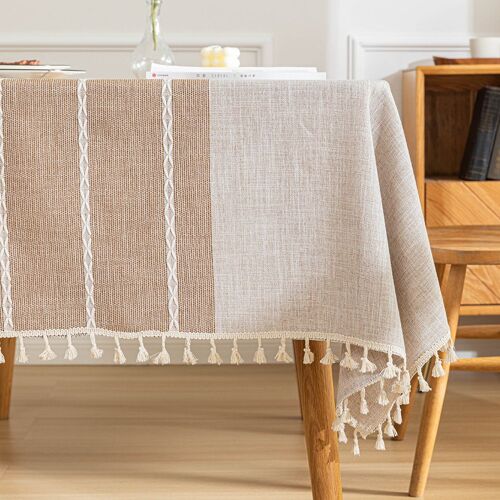 Nappe Carrée 140x140 Cm En Coton Et Lin, Style Vintage, À Franges, Idéale Pour La Table De Cuisine.
