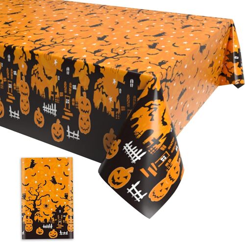 Nappe D'halloween, Nappe Rectangulaire En Plastique Orange À Motif Citrouille Effrayante, 130 X 220 Cm, Grande Décoration De Table Pour Halloween, Usage Intérieur Ou Extérieur