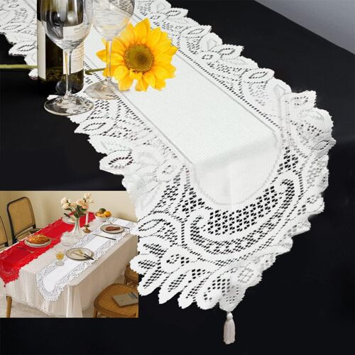 Chemin De Table Blanc, Chemin De Table Tissé, Decoration Table Vintage, Rectangulaire Chemin De Table Noël Tissu, Pour Decoration Table Mariage, Baptême, Communion, 33x183cm, Blanc