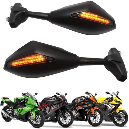Rétroviseur De Moto Noir Avec Clignotant Et Indicateur De Flèche À Led Pour Cbr Gsxr Yzf (Noir Mat + Verre Fumé)