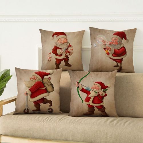 Les Housses De Coussin Joyeux Noël Set De 4 De Coton Et De Lin Taie D'oreiller D'hiver Santa Claus Modèle De La Série Décoration Pour Canapé Chambre À Coucher À La Maison De 45 X 45 Cm