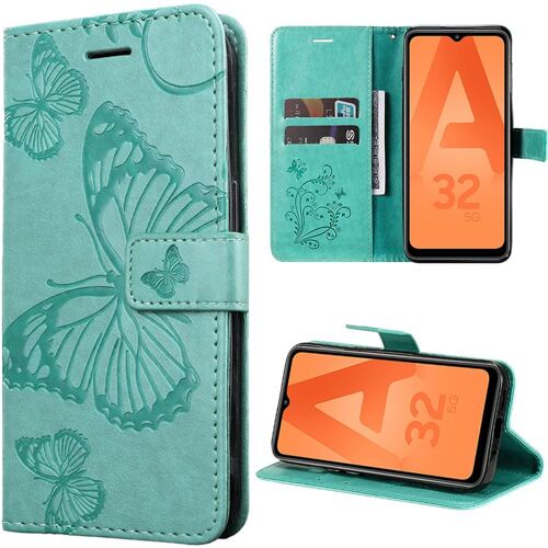 Coque pour Samsung Galaxy A32 5G, Flip Case Cuir Synthétique Vert avec Motif Papillons - BOOLING