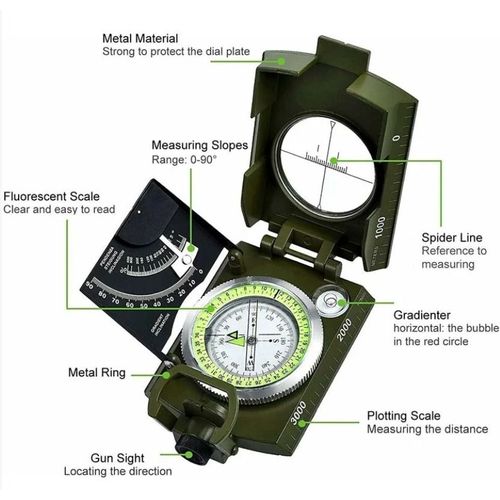Boussole Militaire Professionnelle, Boussole En Métal Étanche Ip65, Boussole De Visée Fluorescente Équipée D'un Clinomètre Avec Sac De Transport Pour L'aventure, Le Camping Et La Course D'orientation