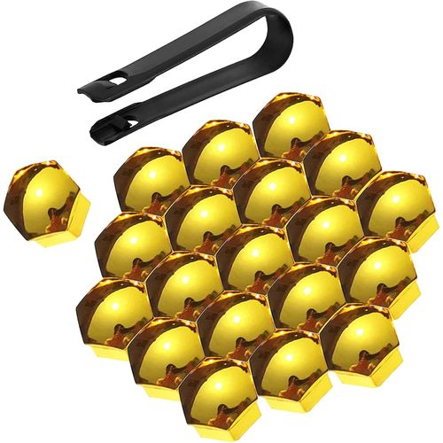 Lot de 20 cache-écrous de roue ABS galvanisés, universels, 17 mm/19 mm/21 mm, capuchons hexagonaux de protection pour boulons de roue avec outil de démontage (jaune, 21 mm)