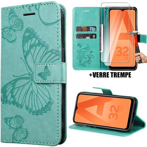 Coque Pour Samsung Galaxy A32 5g, Flip Case Cuir Synthétique Vert Avec Motif Papillons + 2 Verres Trempés Transparents 9h - Booling