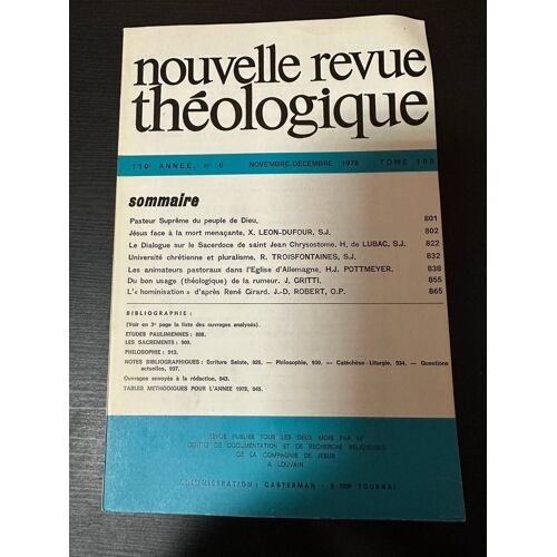 Nouvelle Revue Théologique 110e Annee N°6 Tome 100