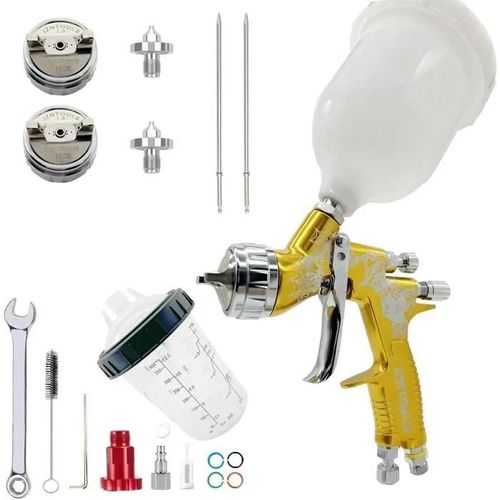 Pistolet Pulvérisateur HVLP Pro, Buses 1,3mm/1,8mm, Kit Peinture 600ml, Tasse 400ml, Acier Inox.