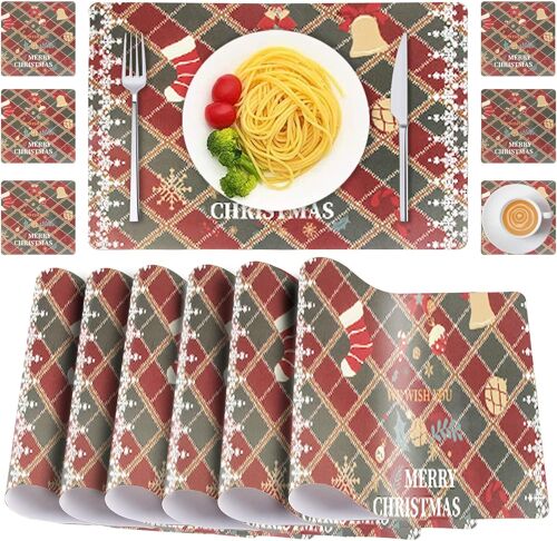 12PCS de Noël Tapis de Table,Set de table de Noël,Décoration de Set de table,Table de salle à Manger Tapis Rouge de Noël Set de table Rectangulaire en PVC Tapis de Table