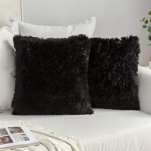 Cauc-Lot De 2 Housse Coussin De Canapé Fausse Fourrure Deluxe Decoration Canapé Maison Chambre Lit Super Doux Peluche Taie D'oreiller 45 X 45 Cm Noir