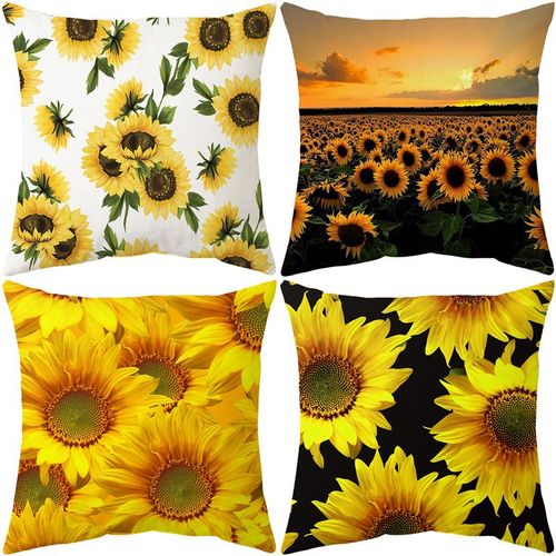Lot De 4 Housses De Coussin Décoratives D'automne 45 X 45 Cm, Motif Tournesol D'automne, Taies D'oreiller Carrées En Peluche Pour Salon, Lit, Canapé Et Voiture