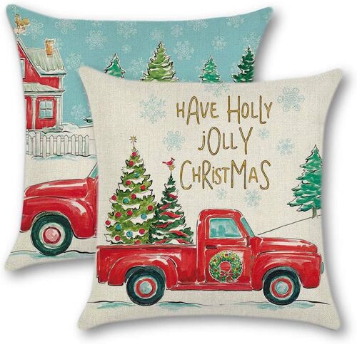 Lot De 2 En Coton Et Lin Housses De Coussin, Pour La Maison, La Chambre, Le Canapé Rouge De Lin Taie D'oreiller Housse De Coussin Avec Arbre De Noël Arc De Collection De Noël, 45 X 45 Cm