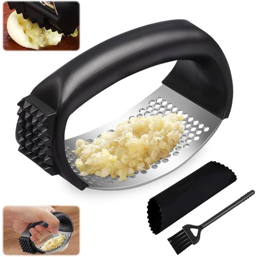 Presse-Ail Manuel En Acier Inoxydable Avec Éplucheur D'ail En Silicone Et Brosse De Nettoyage Pour Jambon, Gingembre Et Ail.