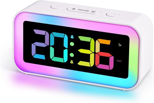 Lumière D'alarme De L'horloge Pour Les Enfants Et Les Adultes, Avec Un Simple Affichage Led, 8 Rvb Éclairage De Nuit Et 7 Rvb Chiffres, Réglage De La Luminosité, Double Alarme, Contrôle De La Voix, De Chevet, Réveil, Ac Powered - Blanc