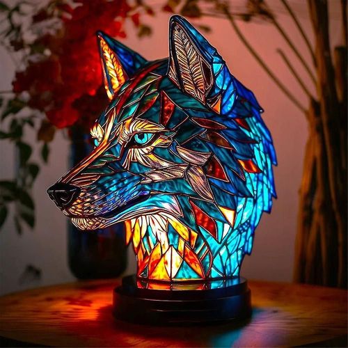 (Loup) Lampe De Table Animal Chaud En Verre Teinté Veilleuse Rétro Lampes De Bureau Cadeau De Noël