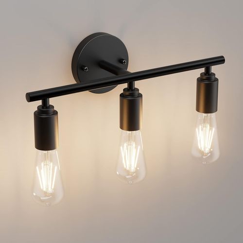 Miroir de salle de bain rétro noir avec 3 lumières, style industriel