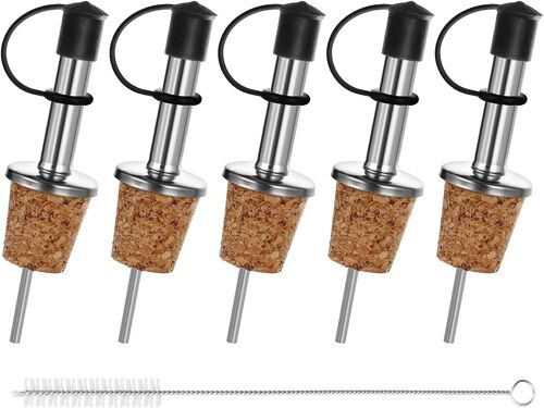 5 Becs Verseurs Pour Spiritueux/Huile/Vinaigre Pour Bouteilles, Avec Bouchon À Clapet, Avec Tube D'air, Métal/Inox, Bouchon Naturel, Inox Standard, Argenté, 45302280