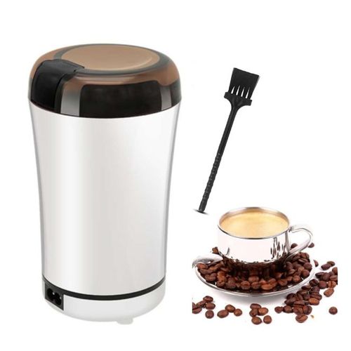 Moulin à café électrique 150 W, avec lames en acier inoxydable et brosse de nettoyage, pour graines de lin, noix, poivre, épices, graines de café et autres, blanc