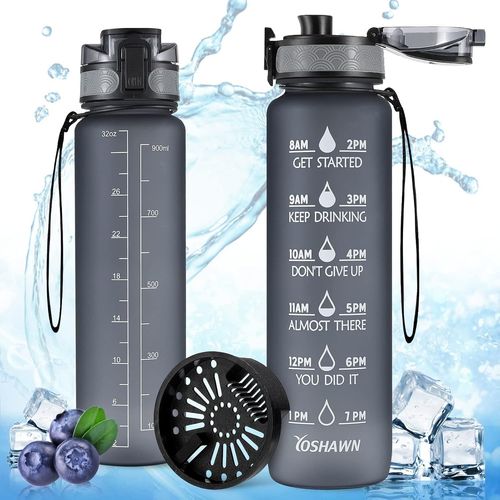 Bouteille D'eau De Sport 1 Litre, Sans Bpa, Avec Marqueur De Temps Motivant Pour Le Camping, Le Fitness Et La Salle De Sport (Gris)