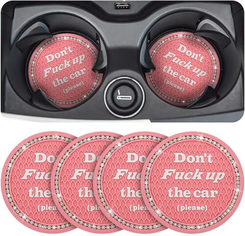 Lot De Sous-Verres En Silicone Rose « Ne Foutez Pas Le Bordel Dans La Voiture », Tapis De Sol Antidérapant En Strass Cristal De 7 Cm, Accessoires Universels Pour L'intérieur De Voiture