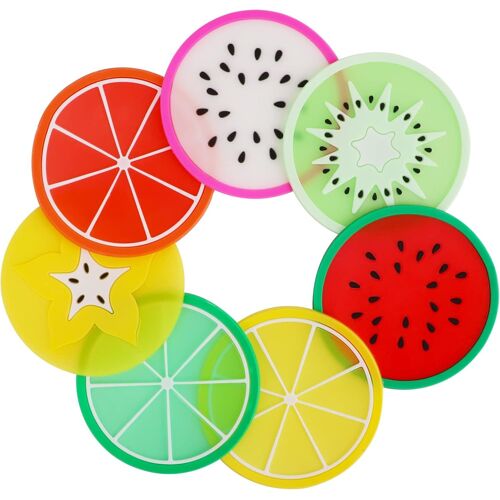 Lot De 7 Sous-Verres En Silicone Ronds À Motif De Fruits, Parfaits Pour Le Café Et Le Thé.