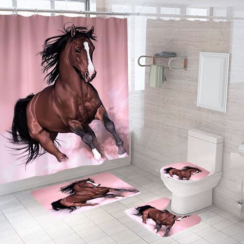 Ensemble de rideaux de douche 4 pièces motif cheval (style 8), rideau de douche imperméable noir, tapis contour antidérapant, housse d'abattant de toilette et tapis de sol