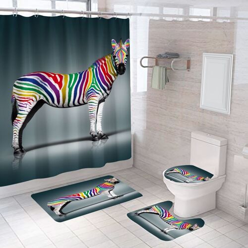 Ensemble de rideaux de douche 4 pièces motif cheval (style 10), rideau de douche imperméable noir, tapis contour antidérapant, housse d'abattant de toilette et tapis de sol