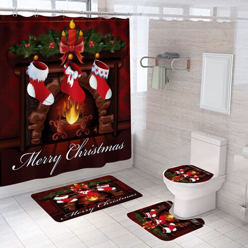 Ensemble de 4 rideaux de douche de Noël avec tapis antidérapants (Style 5)