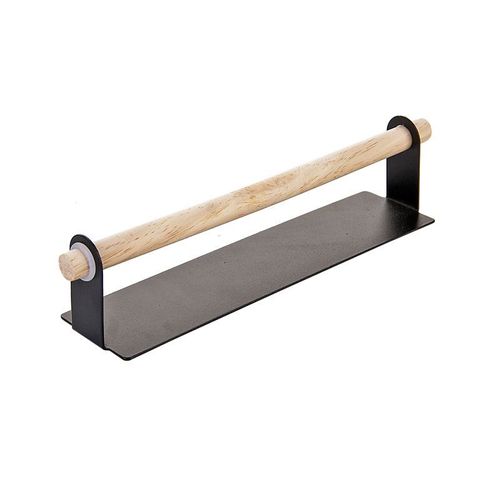 Porte-serviettes mural noir - 1 barre latérale - Effet bois/cuir - 26 x 6 x 6 cm