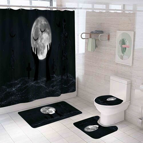 Halloween Rideau de Douche Set Holding Lune, Générique Halloween Décor de salle de Bains 71 x 71 Po - Rideau de Douche avec des Tapis, des Toilettes d'un Couvercle, Tapis de Bain - Halloween Décor de salle de Bains