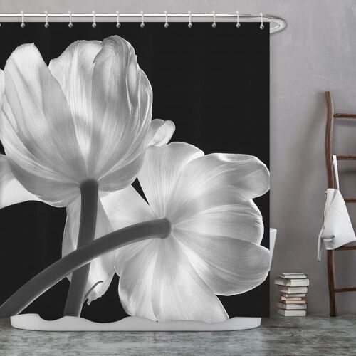 Rideau de douche anti-moisissure noir 180 x 200 cm, motif tulipes blanches, lavable en machine, tissu imperméable, polyester avec crochets