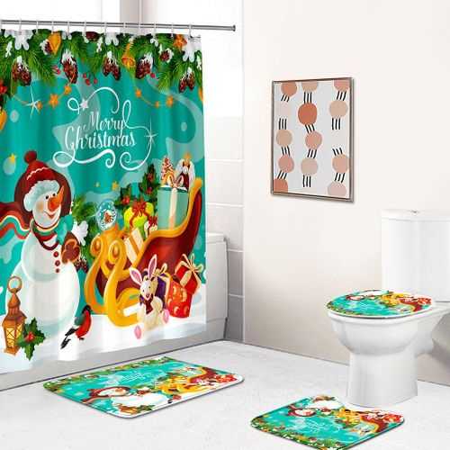 4 Pcs De Noël De Bonhomme De Neige Traîneau Rideau De Douche Ensemble Avec Anti-Dérapant Tapis, Toilette D'un Couvercle Et Tapis De Bain, De Noël De Noël Rideaux De Douche Avec 12 Crochets, Noël Rid