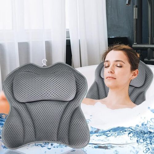 (Gris) Coussins de bain, coussin de baignoire 4D avec 6 ventouses antidérapantes et puissantes pour oreiller de spa, jacuzzi, spa à domicile, coussin de nuque, pour tous types de baignoires