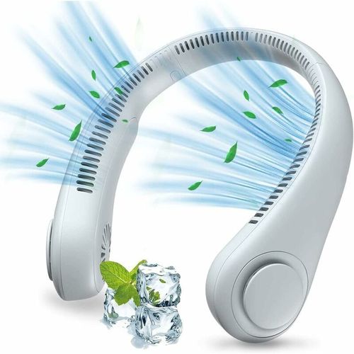 Ventilateur de cou portable, USB, batterie 600 mAh, mains libres, sans pales, 3 vitesses, silencieux, réglable à 360°, pour bureau, maison et voyage (blanc)