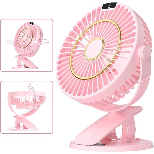 Mini ventilateur de bureau avec clip, 5 vitesses, portable, silencieux, avec batterie, rotation à 720°, rechargeable, écran LCD, pour poussette, bureau, voiture, camping, Ø 15 cm