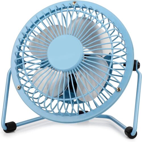 Petit ventilateur de bureau USB 4 pouces, mini ventilateur silencieux, cadre en métal, flux d'air puissant et angle d'inclinaison réglable à 360°, ventilateur de bureau personnel (1 pièce, bleu)