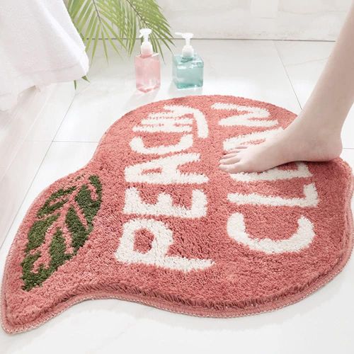 Tapis de bain antidérapant 55 x 63 cm, motif pêche corail, motif pêche corail avec inscriptions blanches, en peluche, absorbant l'eau