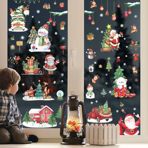 Stickers Noël Fenetre,Autocollant Vitre Noël Reutilisable,Electrostatique PVC Sticker Decoration Vitrine Noël,Aquarelle Double Face Noel Stickers(A)