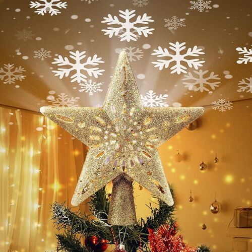 Topper De Sapin De Noël Étoile Avec Projecteur De Flocon De Neige Led Intégré 10 Pouces Évidé Pentagram Tree Topper, Branchez L'ornement De Sapin De Noël Pour La Décoration D'arbre De Vacances De Noël