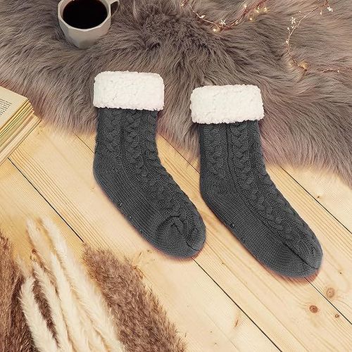 Chaussettes D'hiver Pour Femme, Chaussettes Chaussons Doublées Polaire, Chaussettes Fantaisie Chaudes, Idée Cadeau Pour Femme, Gris